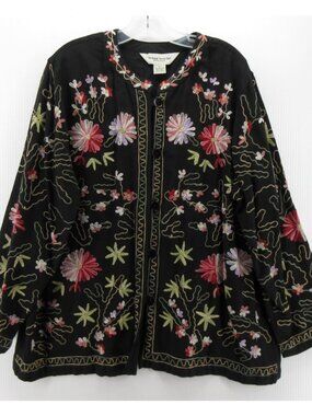 The Vermont Country Store Top 1X Linen Blouse Floral Art Cottage